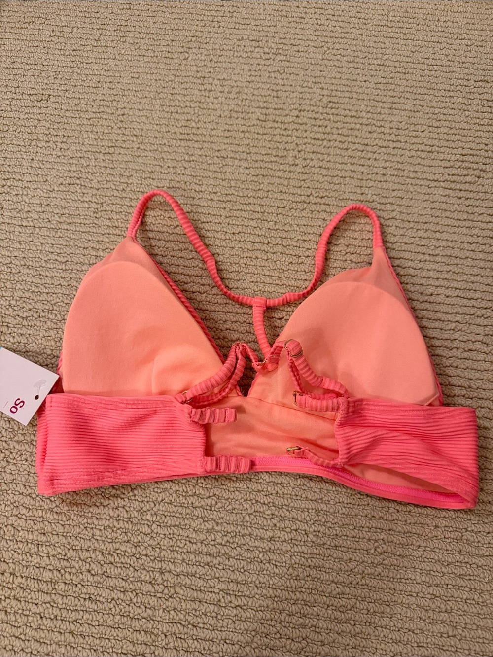 SO brand ribbed longline triangle bikini top in Coral Pink Size L Juniors - Picture 6 of 6